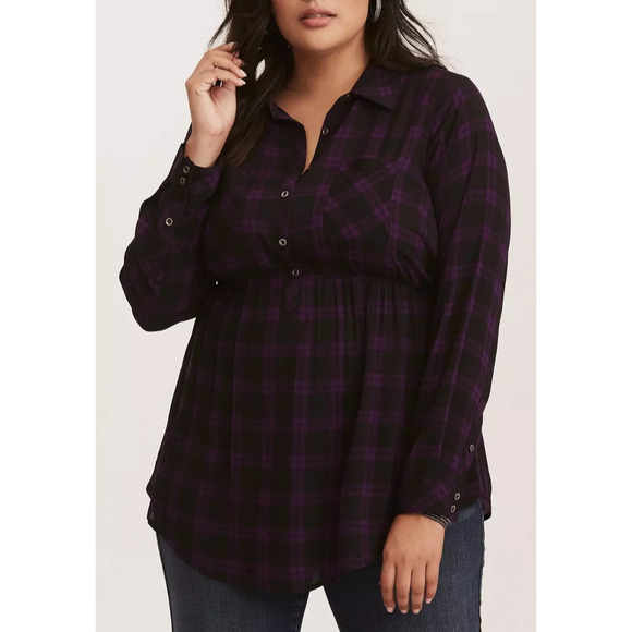 torrid Tops - Torrid Emma Plaid Challis Babydoll Tunic Top Purple Black Pocket Plus Size 4 4X
